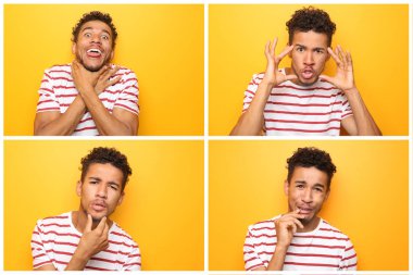 Afrikalı-Amerikalı yakışıklı renk arka plan üzerinde farklı duygularla