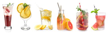 Beyaz arka plan üzerinde farklı lezzetli limonata kümesi