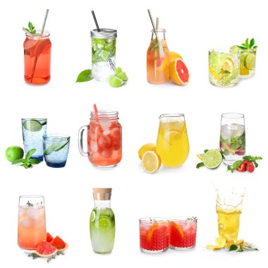 Beyaz arka plan üzerinde farklı lezzetli limonata kümesi