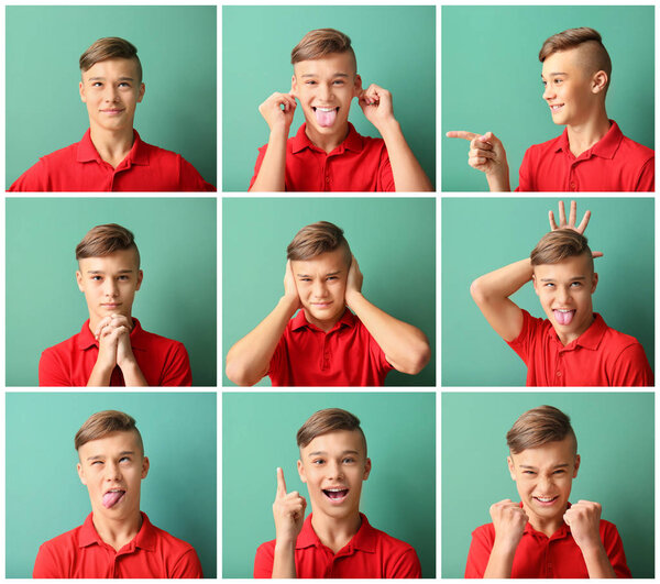 Teenager boy with different emotions on green background