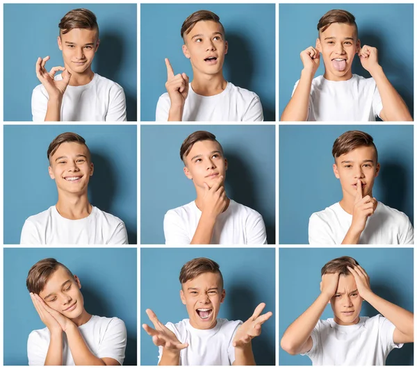 Tinédzser fiú különböző érzelmek színes háttérrel — Stock Fotó