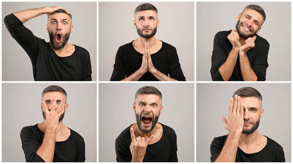 Handsome man with different emotions on grey background