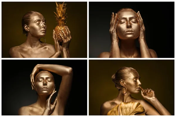 Conjunto de bela jovem com tinta dourada em seu corpo contra fundo escuro — Fotografia de Stock