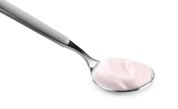 Cuchara con sabroso yogur sobre fondo blanco — Foto de Stock