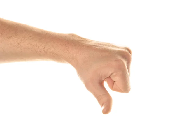 Manlig hand visar tummen-ner på vit bakgrund — Stockfoto