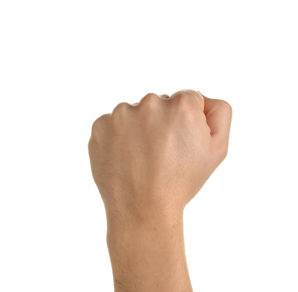 白い背景の上のくいしばられた握りこぶしを男性の手 — ストック写真