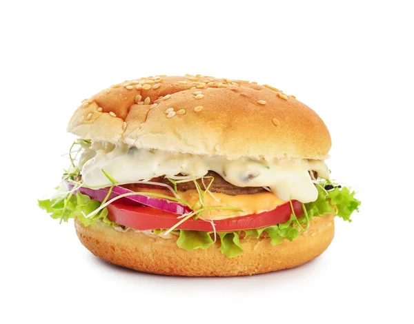 Hamburger savoureux sur fond blanc — Photo