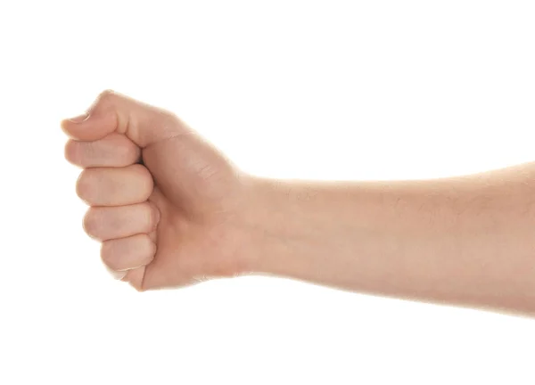 Male hand holding something on white background — Stock Photo, Image