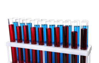 Test tüpleri ile tutucu beyaz arka plan üzerinde renkli sıvı