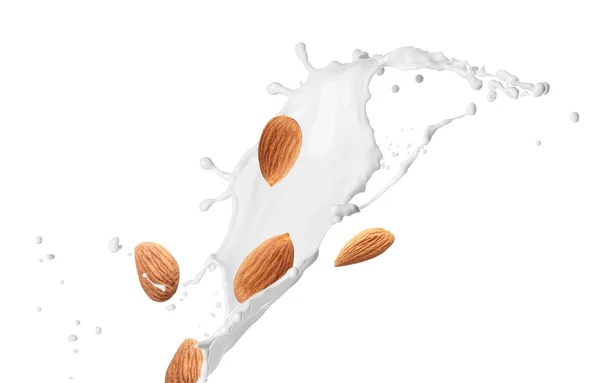 Splash de leite de amêndoa no fundo branco — Fotografia de Stock