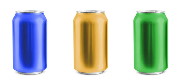 Kleurrijke aluminium blikjes van koud biertje op witte achtergrond — Stockfoto