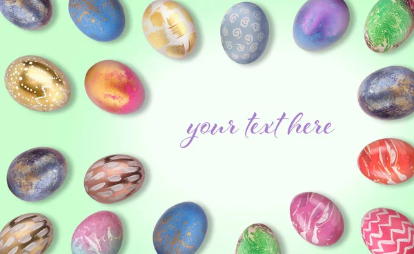 Beautiful Easter eggs and place for text on color background — Stock Photo, Image