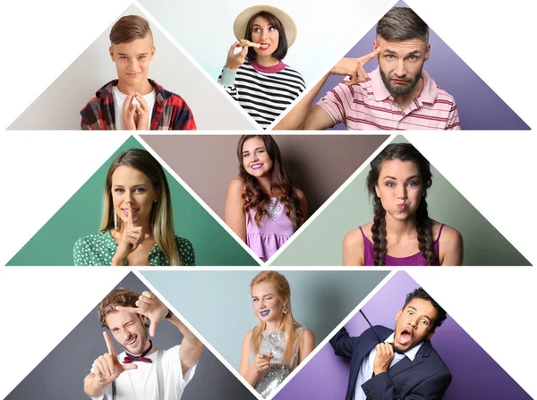 Collage di foto con diverse persone emotive su sfondo bianco — Foto Stock