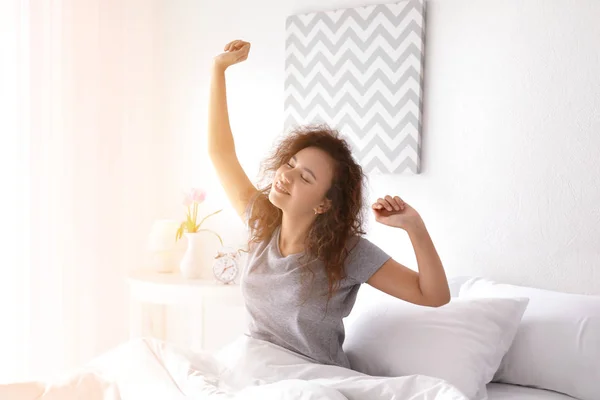 Morning of young woman in bedroom — Stock Photo, Image