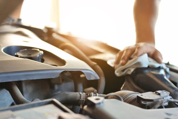 Car with open hood in service center, closeup — Stock Photo, Image