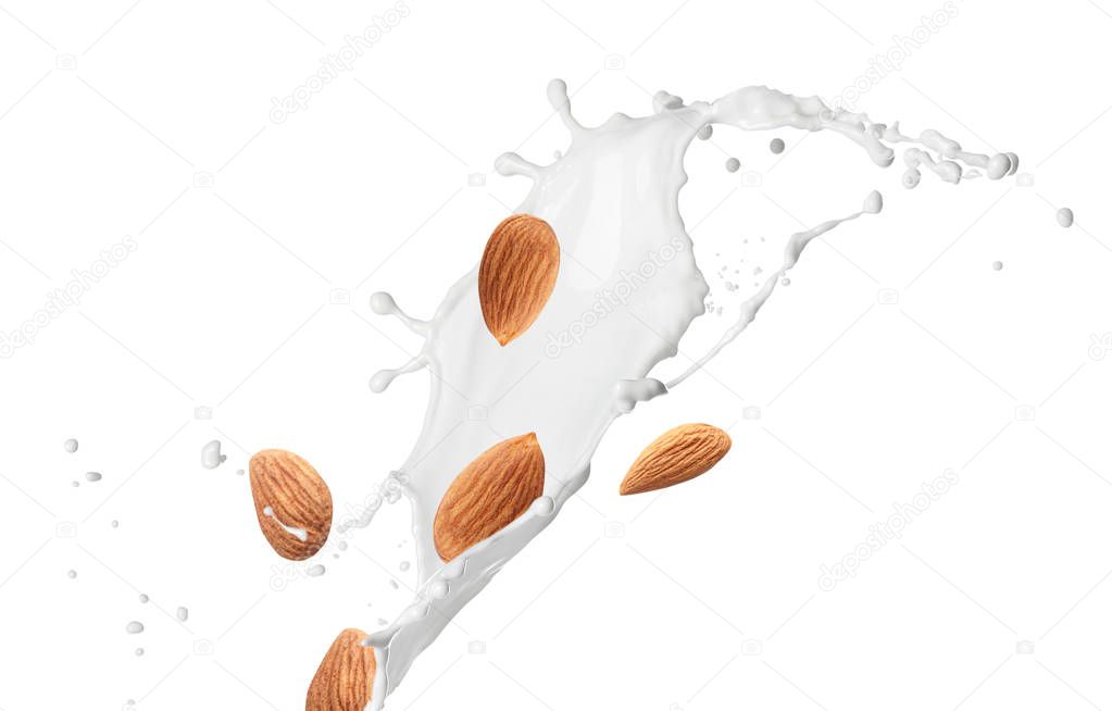 Splash of almond milk on white background