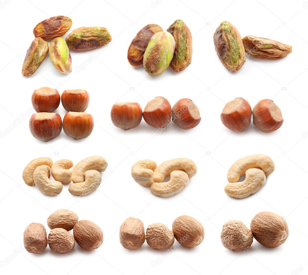 Assortment of tasty nuts on white background