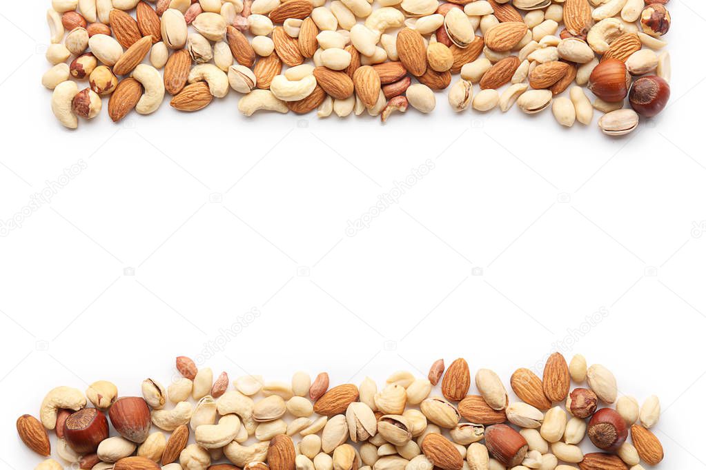 Different types of nuts on white background