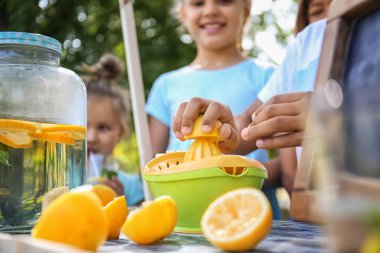 Küçük Afrikalı-Amerikalı çocuk Park taze limonata hazırlanıyor