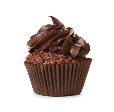 Beyaz arka planda lezzetli çikolatalı kek.