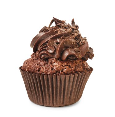 Beyaz arka planda lezzetli çikolatalı kek.