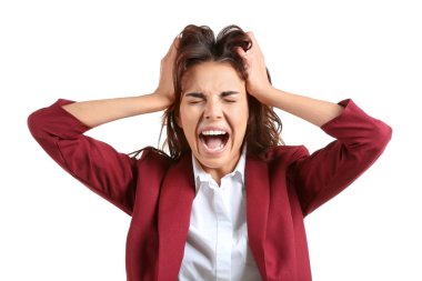 Güzel iş kadını beyaz arka plan üzerinde vurguladı