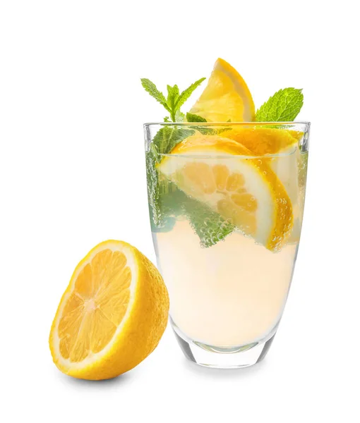 Glass of fresh lemonade on white background — Stock Photo, Image