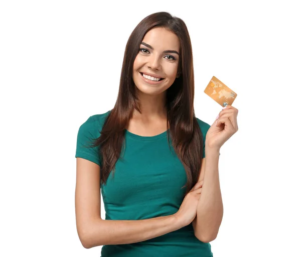 Junge Frau mit Kreditkarte auf weißem Hintergrund. Online-Einkauf — Stockfoto