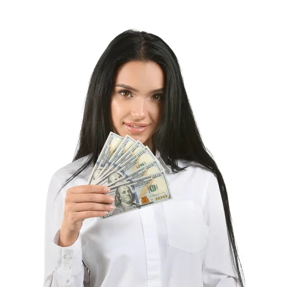 Fiatal üzletasszony pénzzel fehér háttér — Stock Fotó