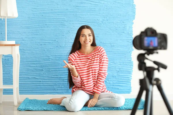 Young female blogger recording video indoors — Stock Photo, Image