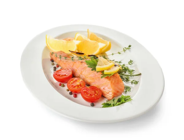 Plate with tasty salmon on white background — Stock Photo, Image