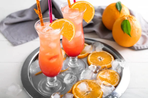 Fresh summer cocktail in glasses on metal tray — Stock Photo, Image