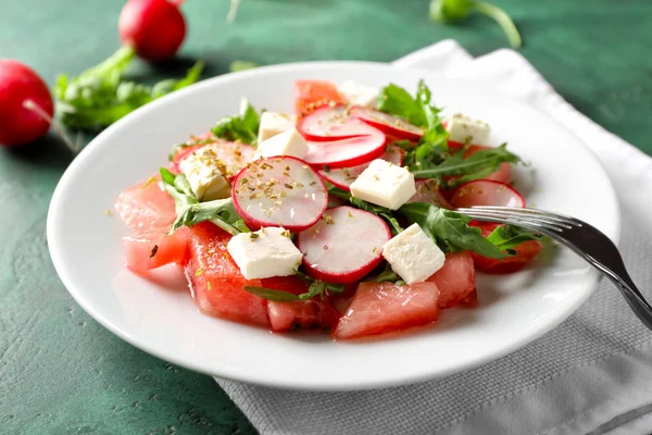 Plate with delicious watermelon salad on table, closeup — Stock Photo, Image