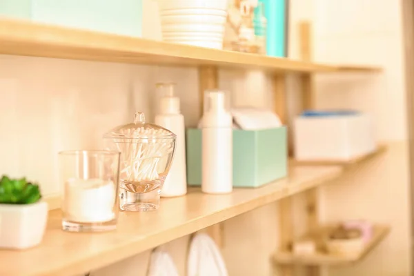 Body care accessories on shelf in bathroom — Stock Photo, Image