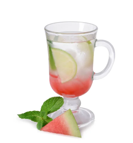 Glass cup of fresh watermelon lemonade on white background — Stock Photo, Image