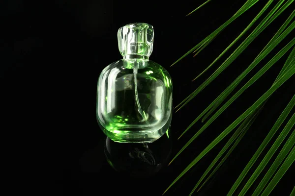 Bottle of perfume with tropical leaf on dark background — Stock Photo, Image