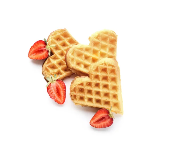 Heart shaped waffles with strawberries on white background — Stock Photo, Image