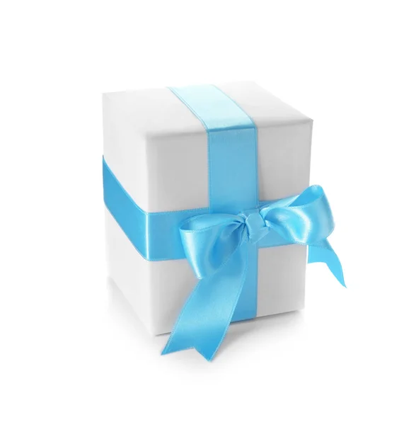 Gift box with blue ribbon on white background — Stock Photo, Image