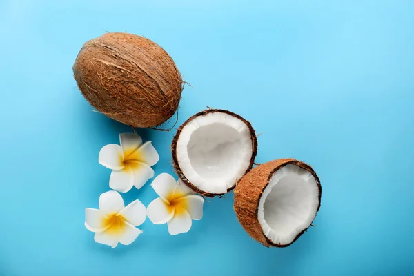 Cocos maduros y flores sobre fondo de color —  Fotos de Stock