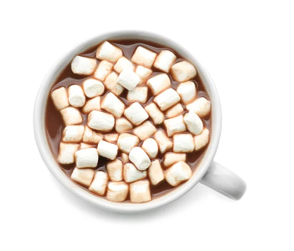 Xícara de chocolate quente com marshmallows no fundo branco — Fotografia de Stock