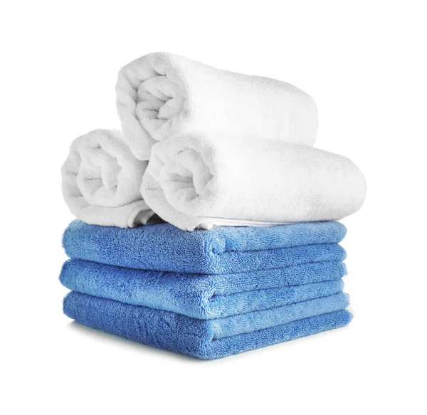 Stack of clean soft towels on white background — Stock Photo, Image