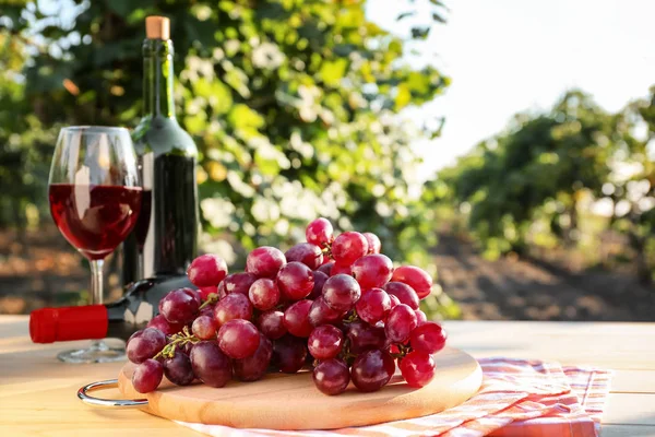 Fresh grape with bottles and glass of red wine on wooden table in vineyard — Stock Photo, Image