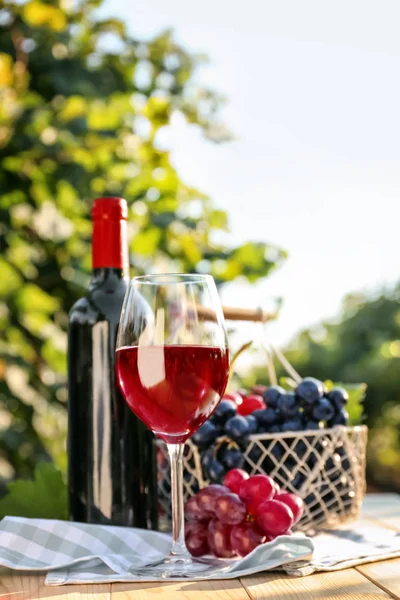 Bicchiere e bottiglia di vino rosso con uva fresca sul tavolo di legno in vigna — Foto Stock