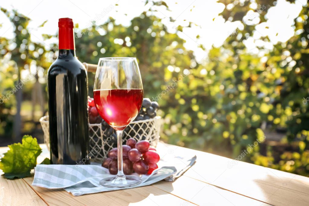 Glass and bottle of red wine with fresh grapes on wooden table in vineyard