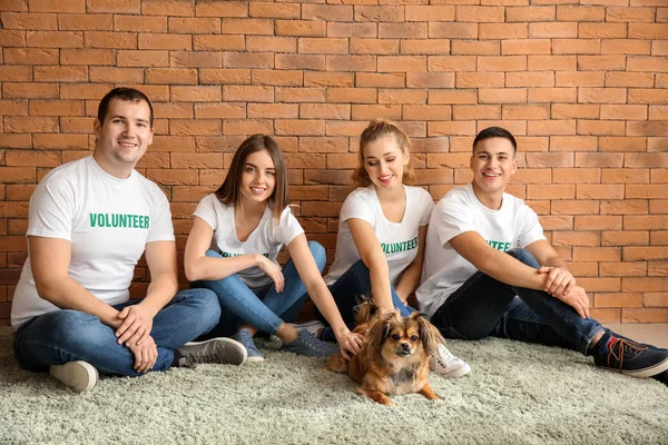 Team of young volunteers with dog near brick wall