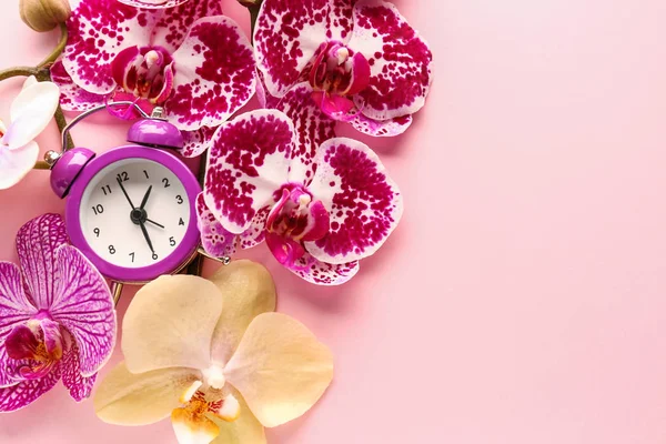 Reloj despertador y hermosas flores sobre fondo de color —  Fotos de Stock