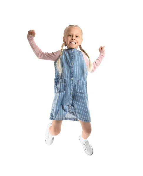 Jumping cute girl on white background — Stock Photo, Image