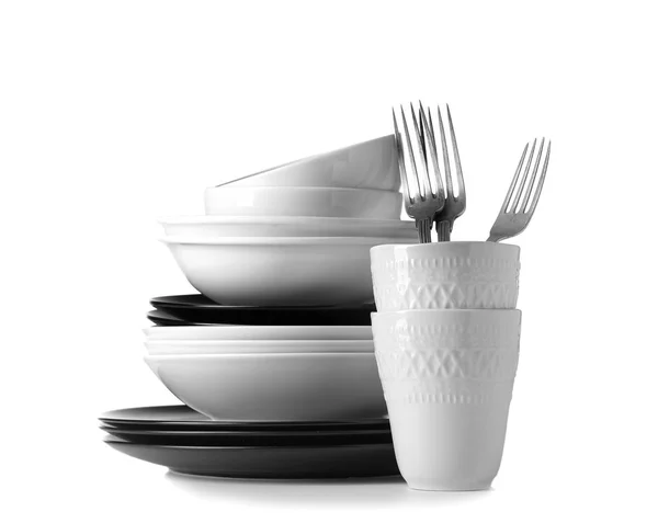 Set of clean dishes on white background — Stock Photo, Image