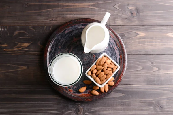 Composition with healthy almond milk on table — Stock Photo, Image