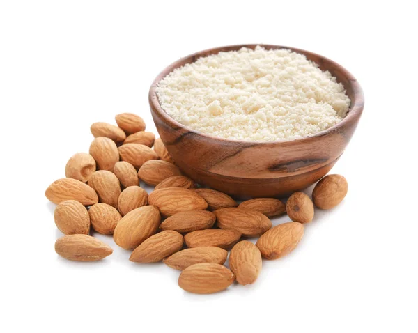 Bowl with almond flour on white background — Stock Photo, Image